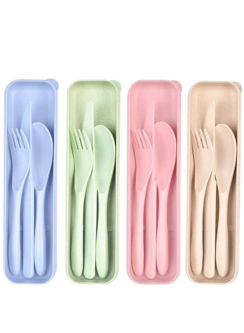 إسكدنيا مجموعة أدوات السفر المستدامة مع حقيبة، 4 مجموعات ملعقة وسكين وشوك مصنوعة من القش القمحي، أدوات الطعام، مجموعة الأدوات لصندوق الغداء للبالغين والأطفال - Image 1