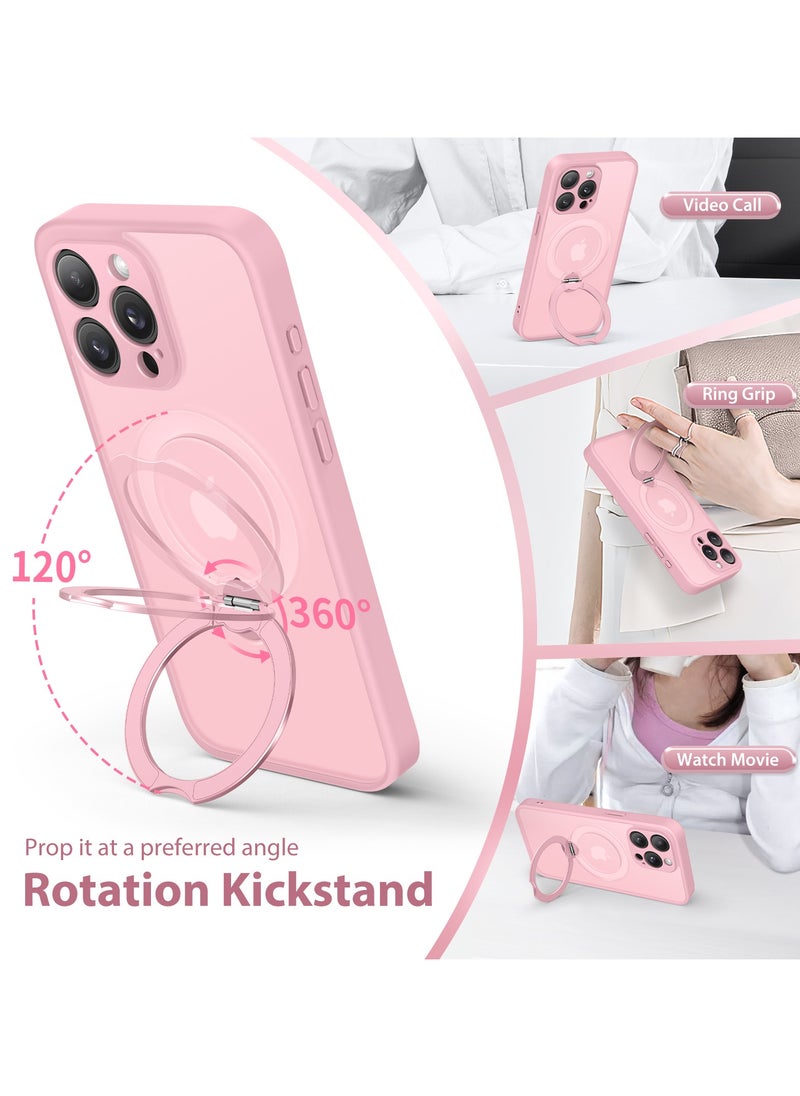 تونجيت جراب هاتف مغناطيسي لجهاز iPhone 16 Pro بتصميم حامل غير مرئي دوار بزاوية 360°، هيكل كامل مقاوم للصدمات والسقوط، جراب حماية شفاف عالي المتانة، متوافق تمامًا مع MagSafe، باللون الوردي.  - Image 2