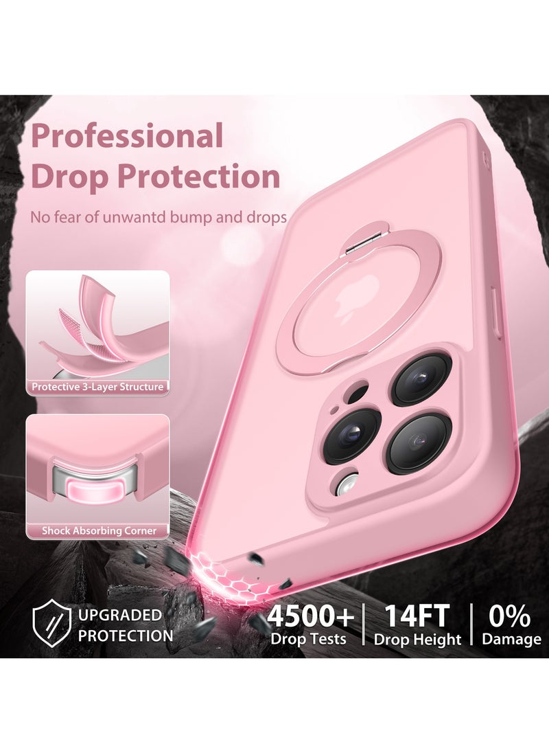 تونجيت جراب هاتف مغناطيسي لجهاز iPhone 16 Pro بتصميم حامل غير مرئي دوار بزاوية 360°، هيكل كامل مقاوم للصدمات والسقوط، جراب حماية شفاف عالي المتانة، متوافق تمامًا مع MagSafe، باللون الوردي.  - Image 5