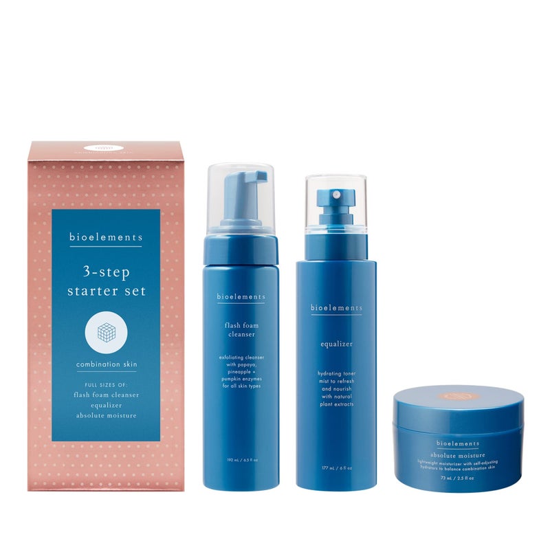 Bioelements 3Step Starter Set Combination Skin  Includes Flash Foam Cleanser Equalizer Toner  Absolute Moisture Moisturizer  Vegan Gluten Free  Never Tested on Animals