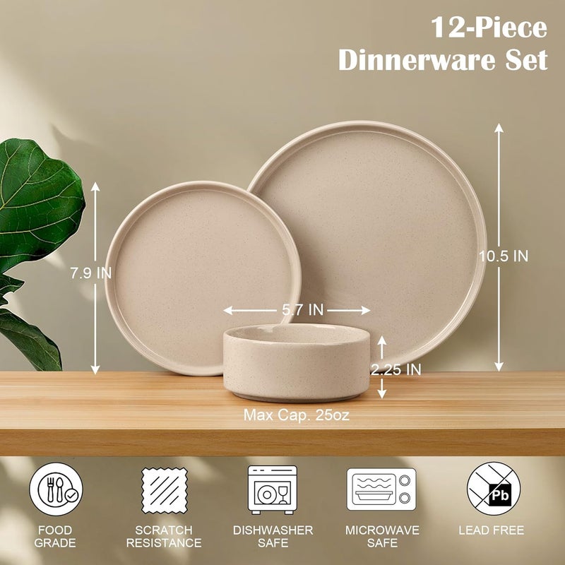 E-far Efar Stoneware Dinnerware Sets 12Piece Plates and Bowls Dish Set for 4 Kitchen Modern Dinning Ware Chip and Scratch Resistant Microwave  Dishwasher Safe Speckled Khaki - Image 2