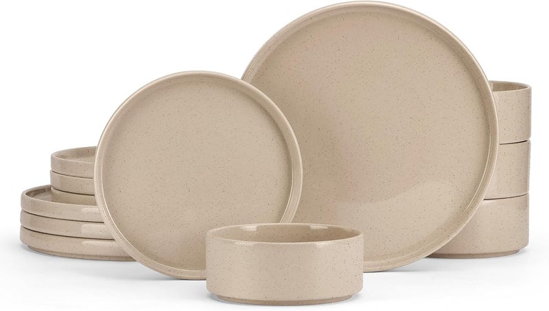 E-far Efar Stoneware Dinnerware Sets 12Piece Plates and Bowls Dish Set for 4 Kitchen Modern Dinning Ware Chip and Scratch Resistant Microwave  Dishwasher Safe Speckled Khaki - Image 1