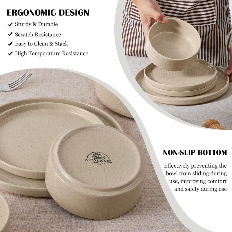 E-far Efar Stoneware Dinnerware Sets 12Piece Plates and Bowls Dish Set for 4 Kitchen Modern Dinning Ware Chip and Scratch Resistant Microwave  Dishwasher Safe Speckled Khaki - Image 5