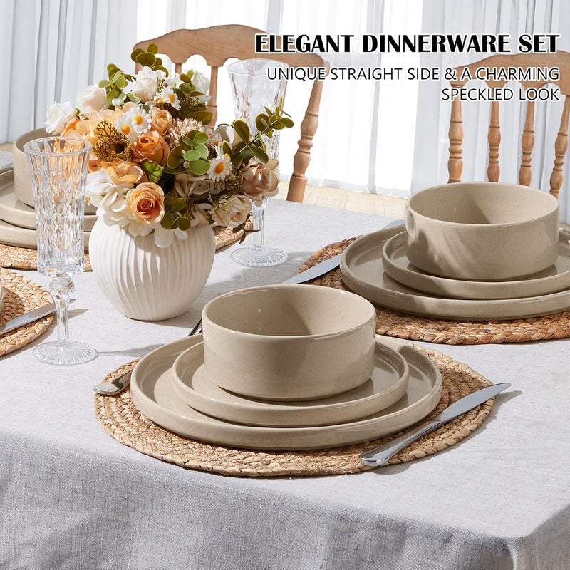 E-far Efar Stoneware Dinnerware Sets 12Piece Plates and Bowls Dish Set for 4 Kitchen Modern Dinning Ware Chip and Scratch Resistant Microwave  Dishwasher Safe Speckled Khaki - Image 3