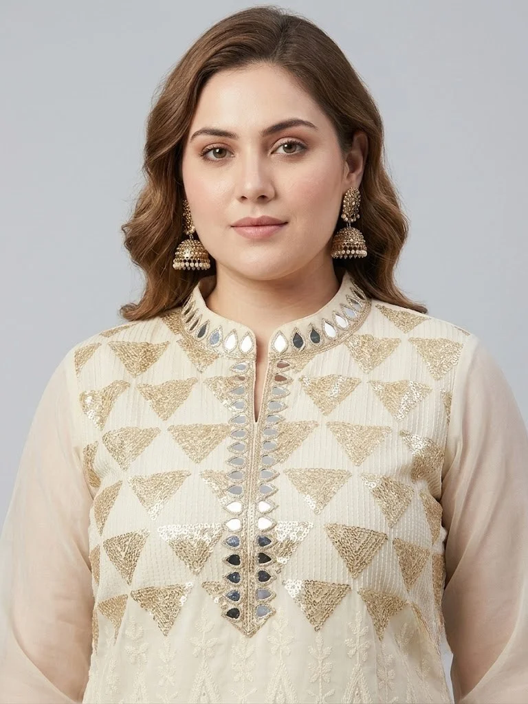 Viny  VINY Beige Mirror Work Embellished Top & Palazzo Set – Plus Size Women's Indian Ethnic Wear for Women | Best Price UAE