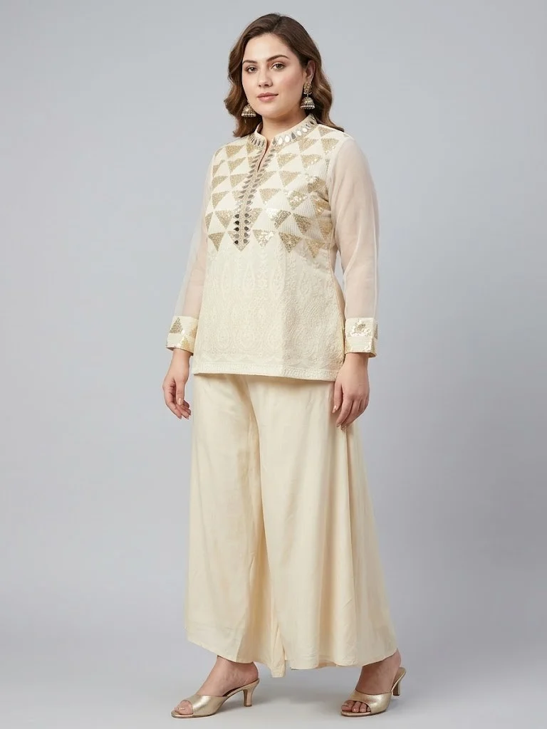 VINY Beige Mirror Work Embellished Top & Palazzo Set – Plus Size Women's Indian Ethnic Wear