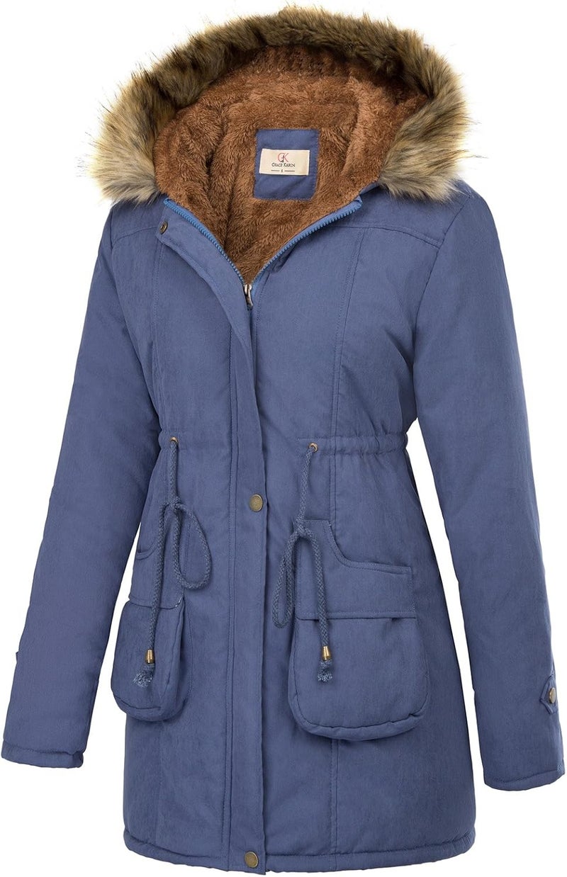 GRACE KARIN Women's Hooded Warm Winter Coat Parka with Faux Fur Trim - Navy Blue - Image 3