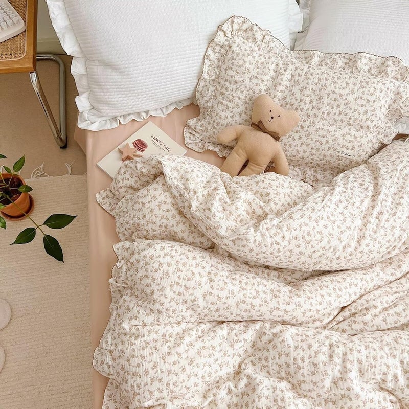 BuLuTu Soft Cotton Muslin Duvet Cover Girls Kids Floral Duvet Cover Beige Crib Bedding Comforter Cover Quilt Cover 47x59 Camellia Print Pillowcases Not Included - Image 3