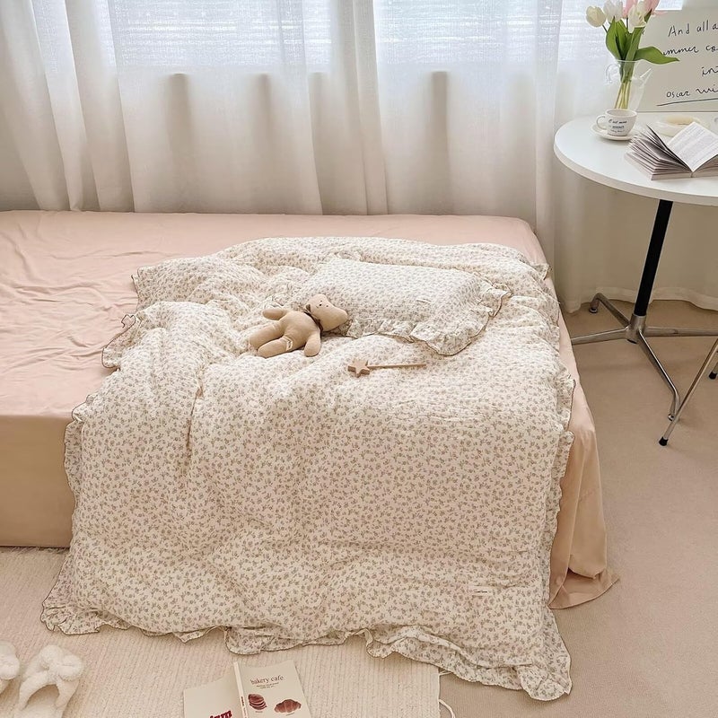 BuLuTu Soft Cotton Muslin Duvet Cover Girls Kids Floral Duvet Cover Beige Crib Bedding Comforter Cover Quilt Cover 47x59 Camellia Print Pillowcases Not Included - Image 4