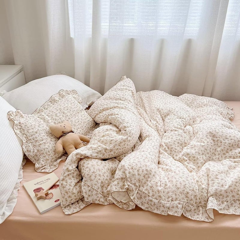 BuLuTu Soft Cotton Muslin Duvet Cover Girls Kids Floral Duvet Cover Beige Crib Bedding Comforter Cover Quilt Cover 47x59 Camellia Print Pillowcases Not Included - Image 2