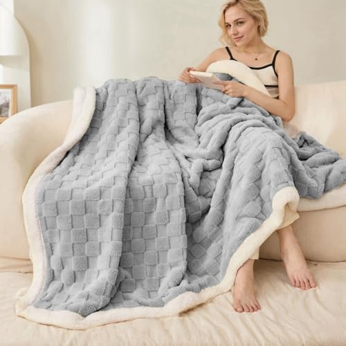 Gracelife Sherpa Throw Blanket for Couch Flannel Cozy Soft Thick Blanket for Bed Fleece Light Grey 60x80 Inches - Image 3