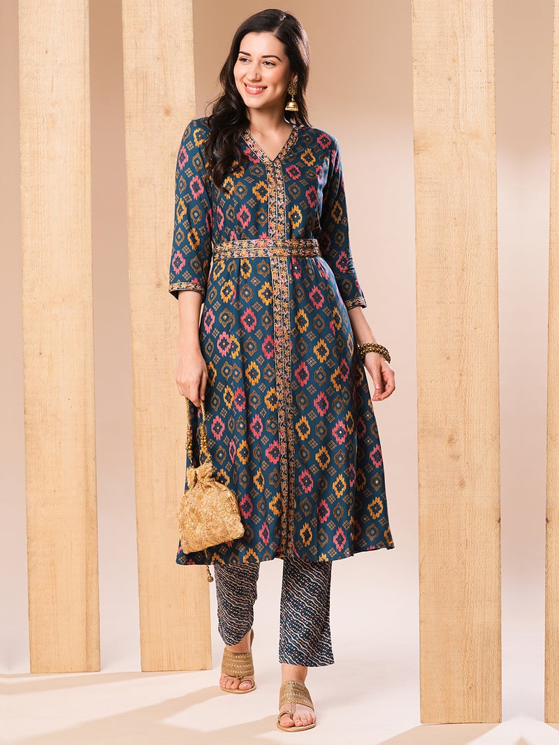 globus Globus Women Blue & Orange Ethnic Motifs Printed Regular Thread Work Kurta With Trousers - Image 1