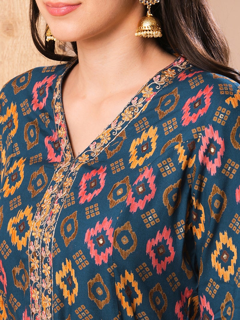 globus Globus Women Blue & Orange Ethnic Motifs Printed Regular Thread Work Kurta With Trousers - Image 4