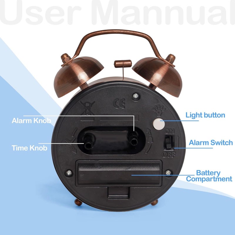 KBR ® Vintage Alarm Clock for Student Heavy Sleepers, Super Loud & Twin Bell Retro Quartz with Backlight, Luminous Alarm for Students Bedroom/Office (Copper, Analog, 3.81 cm) - Image 3