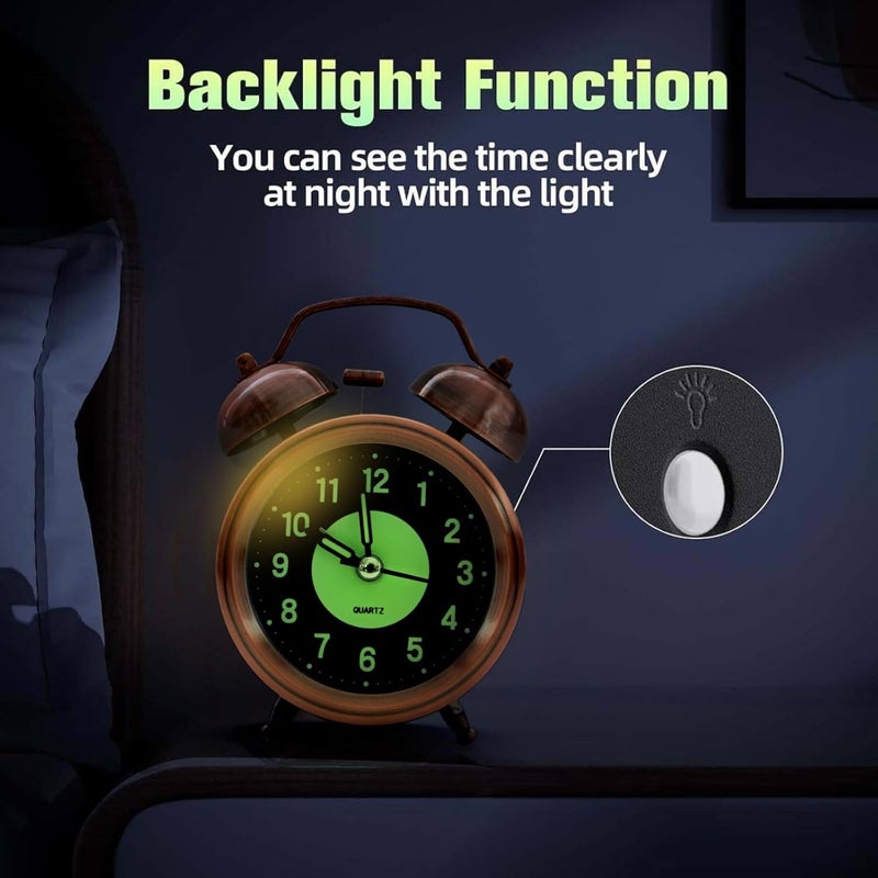 KBR ® Vintage Alarm Clock for Student Heavy Sleepers, Super Loud & Twin Bell Retro Quartz with Backlight, Luminous Alarm for Students Bedroom/Office (Copper, Analog, 3.81 cm) - Image 2