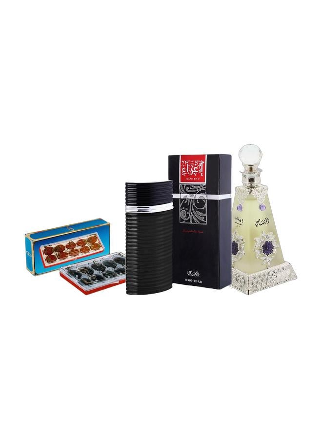 Rasasi Egra Perfume for Men EDP 100ml, Bukhoor Jebel Ali Fragrance Set Brown 10 Pcs (78 grams), and Arba Wardat Perfume Oil 30ml - Image 1