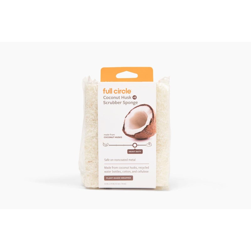 Full Circle Coconut Scrubber Sponges, Pack of 6 â€“ Dual-Sided, Plant-Based Sponges Made with Coconut Shells, Cellulose & Recycled Materials, Safe for Nonstick Cookware - Image 1