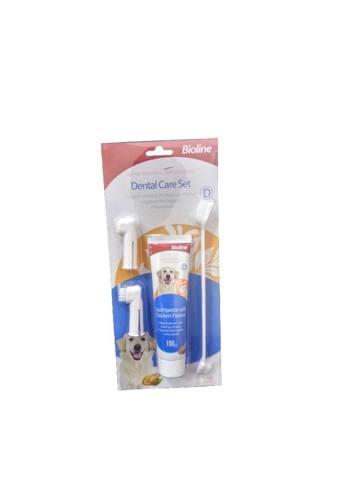 Bioline Dental Hygiene Set Dog Toothpaste Chicken With Toothbrushes 100g