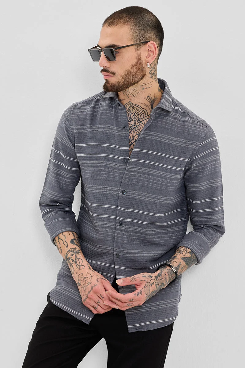 سنيتش Grey Striped Long Sleeve Slim Fit Casual Shirt
