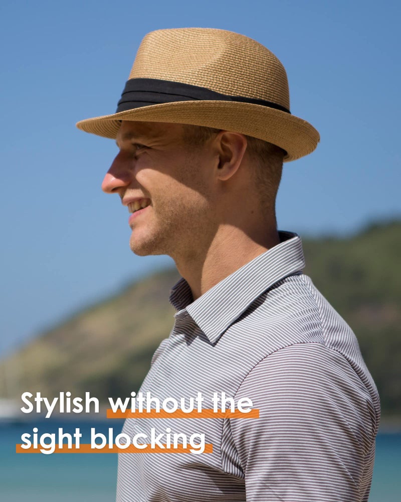 FURTALK Fedora Straw Sun Hat for Men Women Foldable Short Brim Trilby Hat Panama Beach Hat UPF 80+ Khaki - Image 5