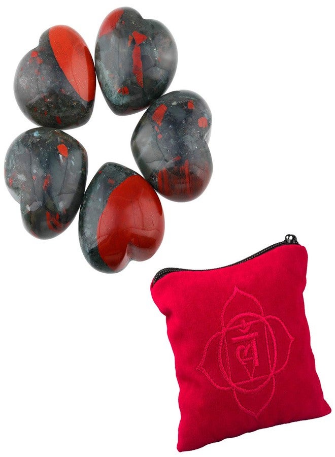 mookaitedecor Africa Bloodstone Heart Crystal Pocket Palm Stone Worry Stones with Chakra Bag for Reiki Balancing Decoration(Pack of 5, 1 Inch) - Image 1