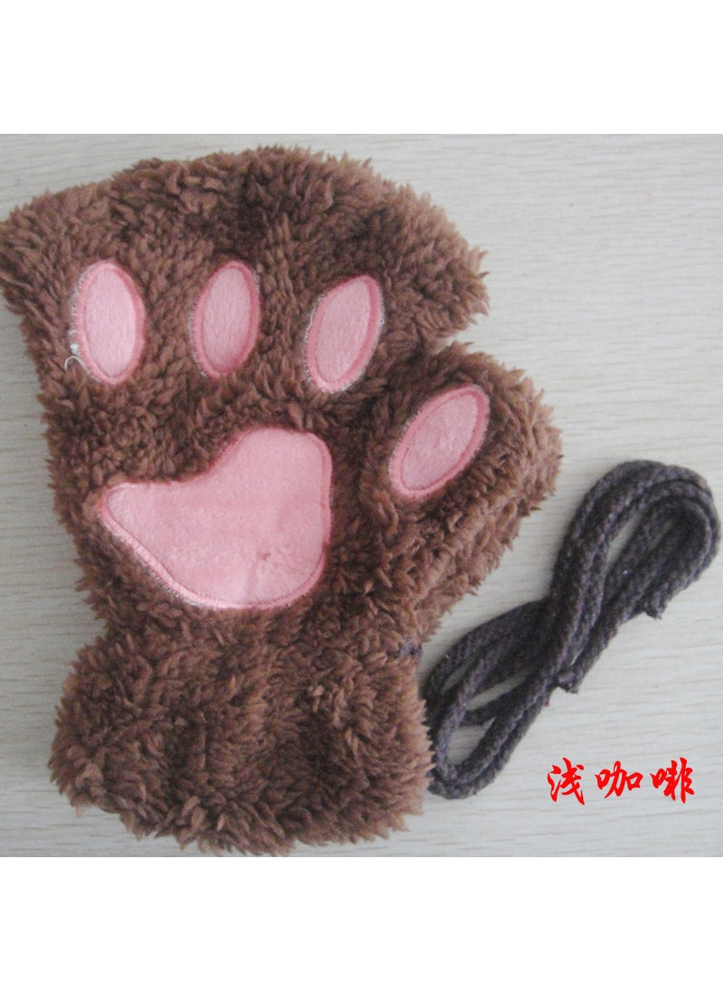 Generic - New Cat claw gloves winter cute cartoon cat girl open finger gloves fleece-lined thick bear paw gloves Light coffee (reddish brown) - Image 1