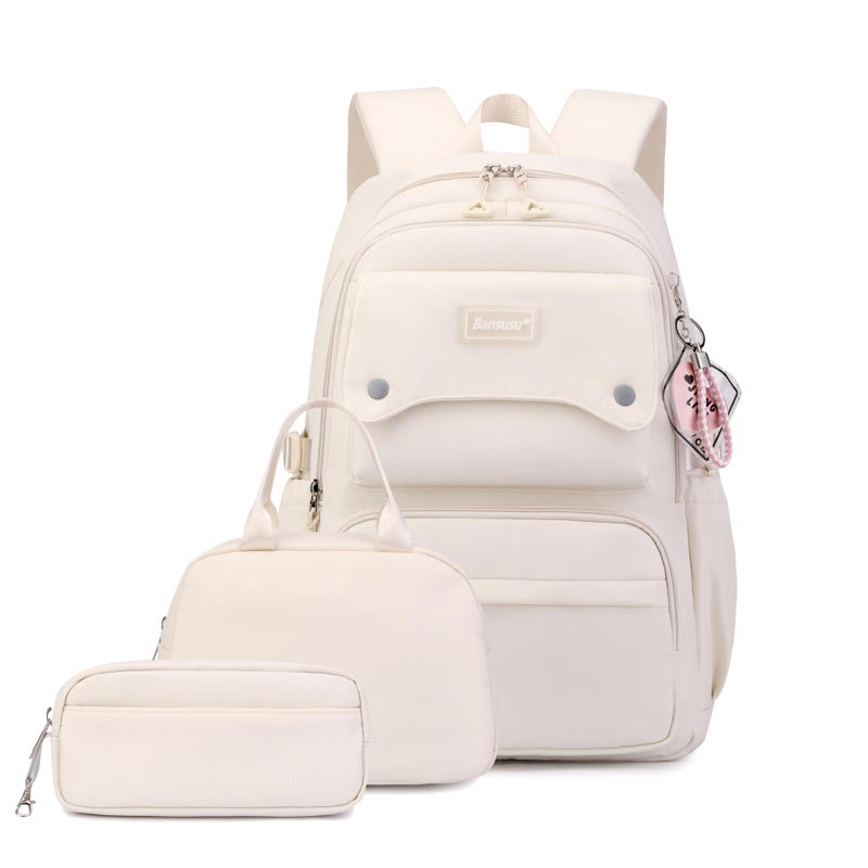 Bansusu 3Pcs Beige Girls Backpack and Lunchbox Set for School Kids Solid Color Cream School Bag Backpack for Girls with Lunch Bag Beige - Image 2