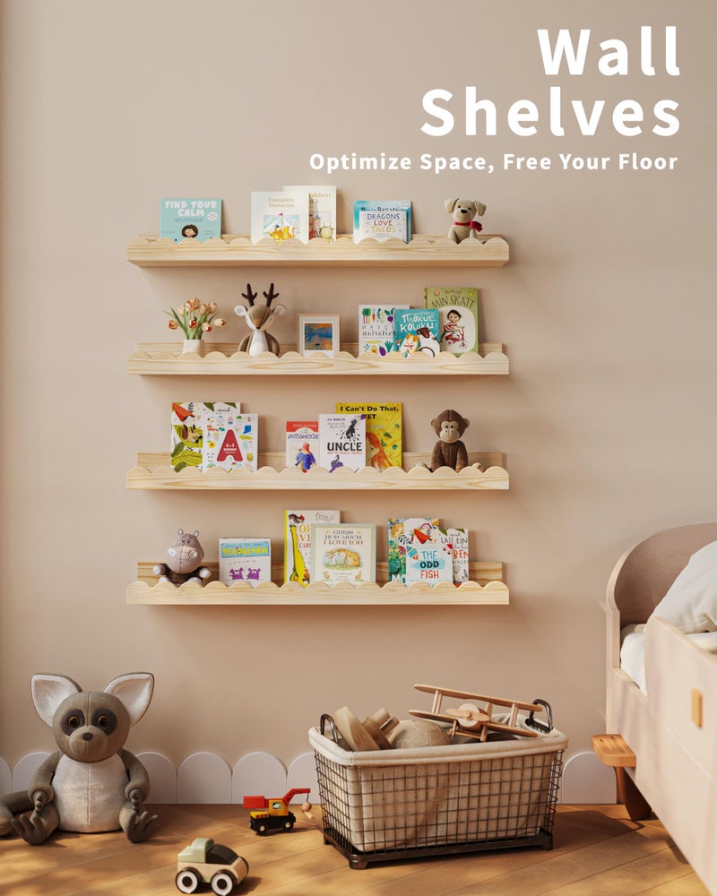 Shario Nursery Book Shelves, 4-Pack Wood Floating Shelves for Wall Kids, Scalloped Shelves, Wall Book Shelves for Bedroom Kids, Toddler Room, Baby Room, Nursery Decor (Wood, 23 Inches) - Image 4
