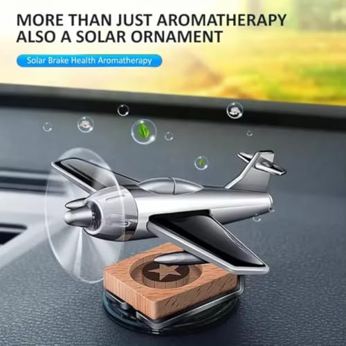DETACHI Solar Dashboard Airplane Wooden Base Air Freshner Diffuser, Alloy Solar Energy Rotating Airplane Ornament for Car (Black), Liquid, 1 Count - Image 2