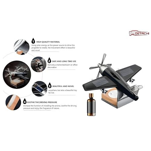 DETACHI Solar Dashboard Airplane Wooden Base Air Freshner Diffuser, Alloy Solar Energy Rotating Airplane Ornament for Car (Black), Liquid, 1 Count - Image 3
