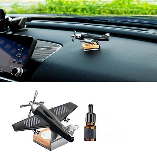 DETACHI Solar Dashboard Airplane Wooden Base Air Freshner Diffuser, Alloy Solar Energy Rotating Airplane Ornament for Car (Black), Liquid, 1 Count - Image 1