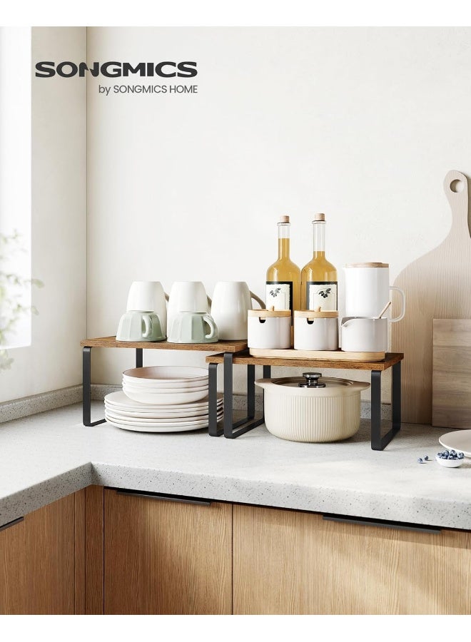 SONGMICS رف توابل SONGMICS، مجموعة من 2، رف مطبخ، منظم مطبخ، قابل للتوسيع، حامل توابل، قابل للتكديس، مصنوع من المعدن والخشب المضغوط، أسود حبر-بني عتيق - Image 3