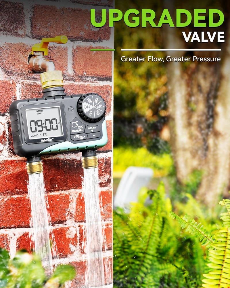 RAINPOINT 2 Zone Sprinkler Timer with Brass Inlet and Outlet - Water Timer for Garden Hose with Rain Delay/Manual Watering/Automatic Irrigation Controller System - Water Hose Timer for Yard Lawn - Image 4