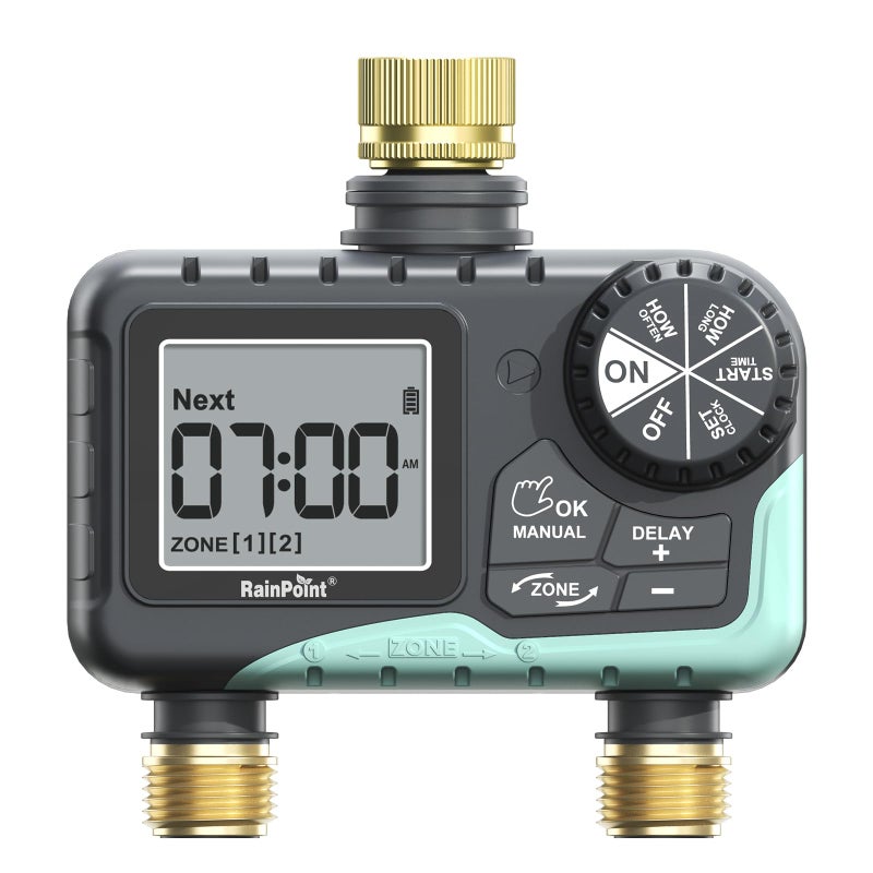 RAINPOINT 2 Zone Sprinkler Timer with Brass Inlet and Outlet - Water Timer for Garden Hose with Rain Delay/Manual Watering/Automatic Irrigation Controller System - Water Hose Timer for Yard Lawn - Image 1