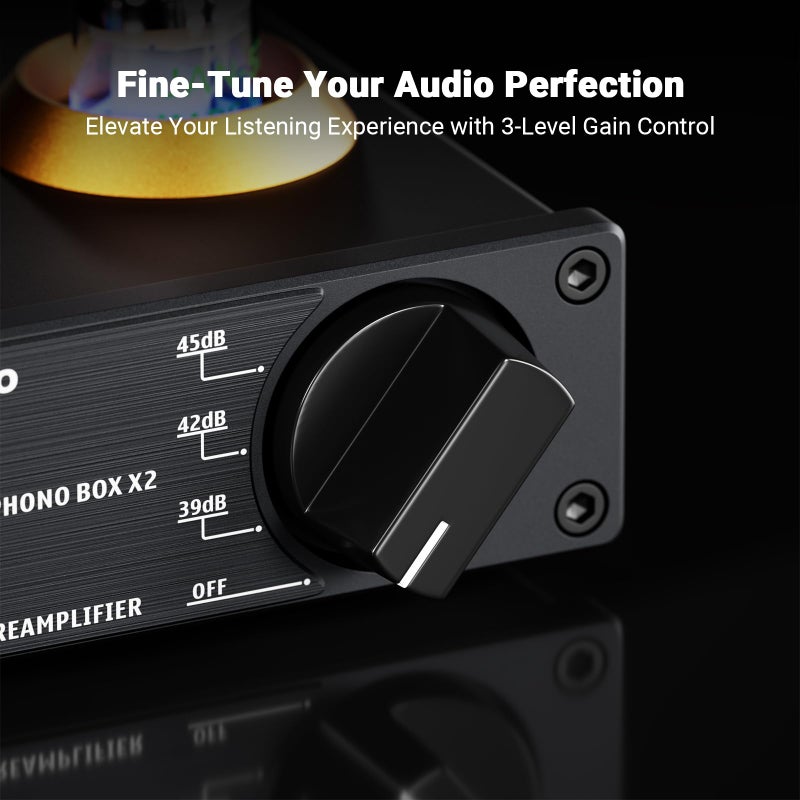 Fosi Audio Box X2 Phono Preamp, Mini Stereo Audio Hi-Fi Preamplifier with Gain Gear, Pre-Amplifier for MM Turntable Phonograph and Record Player, with DC 12V Power Supply - Image 4