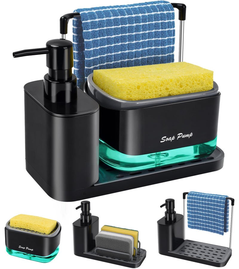 Kitchen Soap Dispenser Set with Tray and Sponge Holder Dish and Hand Soap Dispenser with Dishcloth Holder 5in1 Kitchen Sink Countertop Storage Organizer Practical Kitchen Gadgets  Black