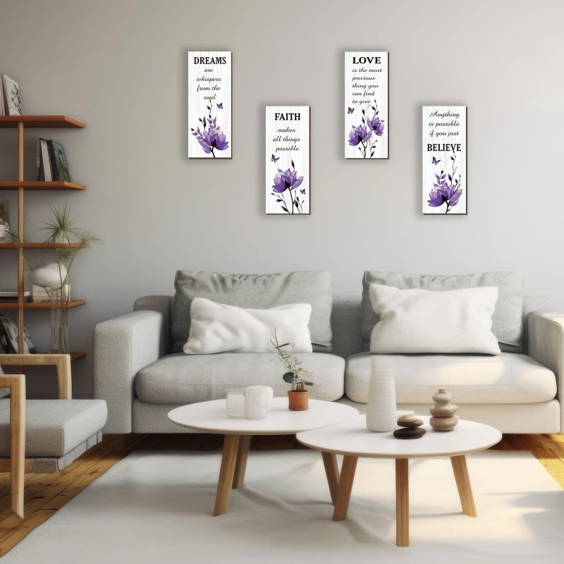 DONFENTHY 4 Pcs Purple Bathroom Decor Purple Wall Decor With Dreams Faith Love Believe Positive Quotes Wooden Rustic Bathroom Accessories for Home Bedroom Living Room Kitchen(10X4) - Image 2