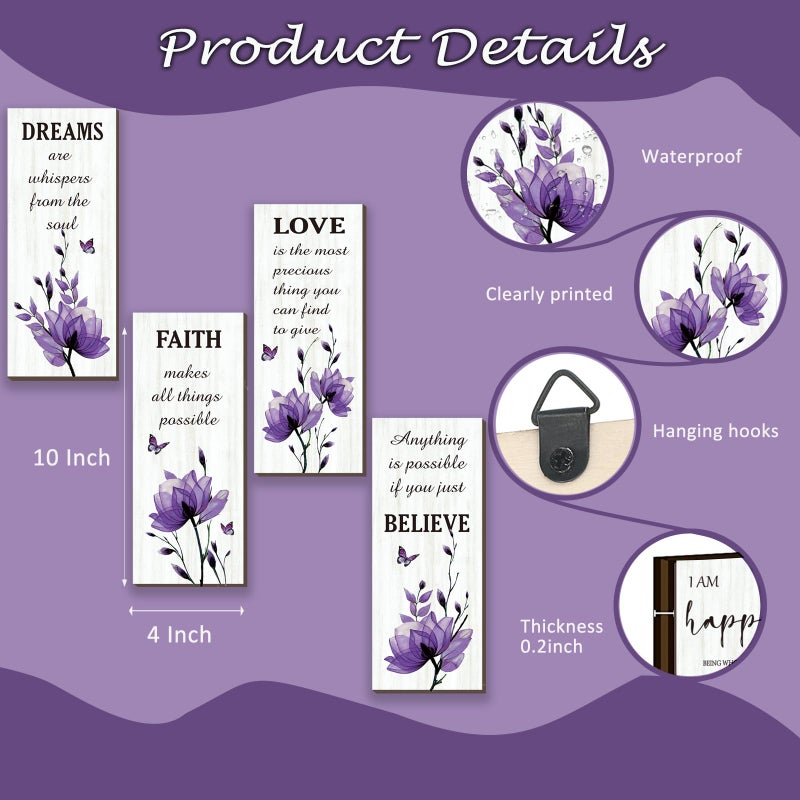DONFENTHY 4 Pcs Purple Bathroom Decor Purple Wall Decor With Dreams Faith Love Believe Positive Quotes Wooden Rustic Bathroom Accessories for Home Bedroom Living Room Kitchen(10X4) - Image 4