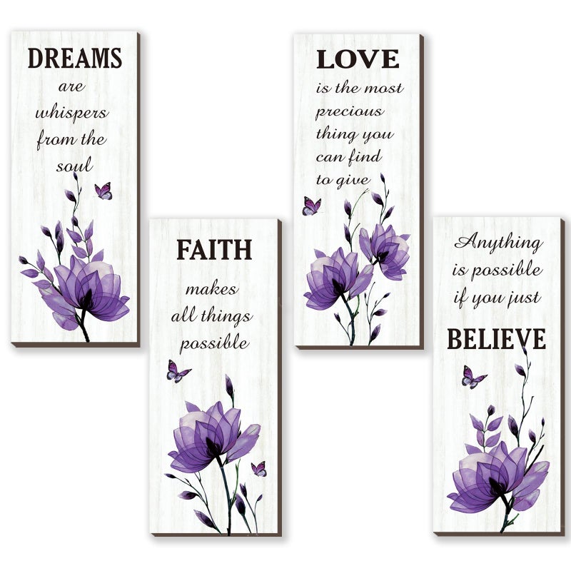 DONFENTHY 4 Pcs Purple Bathroom Decor Purple Wall Decor With Dreams Faith Love Believe Positive Quotes Wooden Rustic Bathroom Accessories for Home Bedroom Living Room Kitchen(10X4) - Image 1