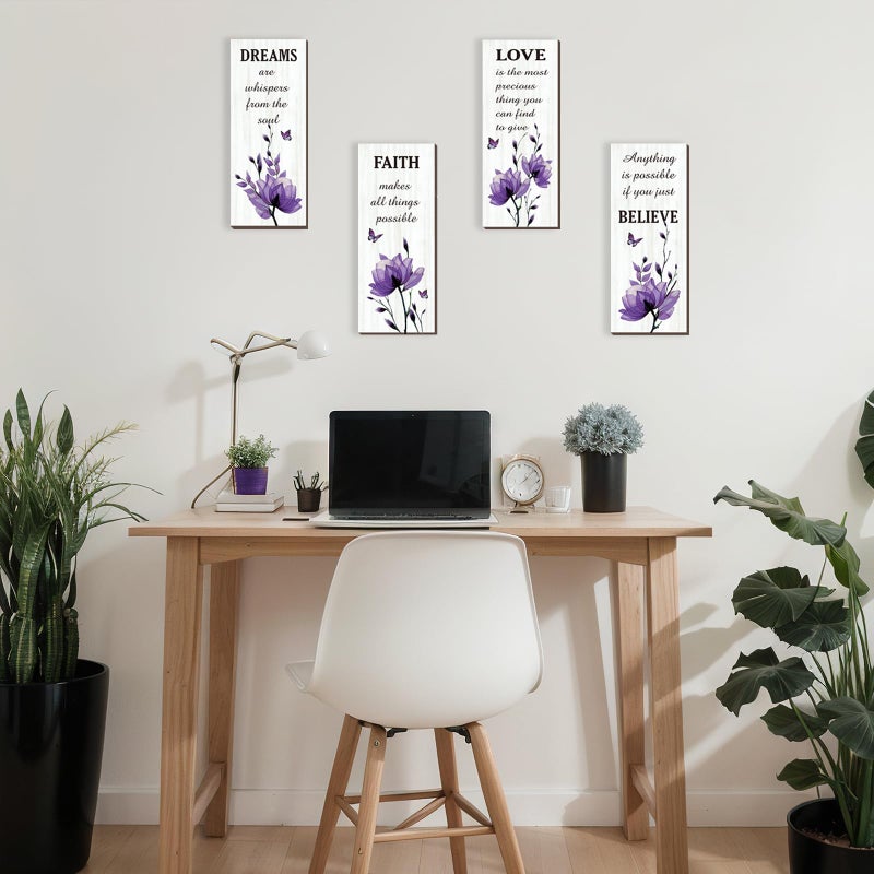 DONFENTHY 4 Pcs Purple Bathroom Decor Purple Wall Decor With Dreams Faith Love Believe Positive Quotes Wooden Rustic Bathroom Accessories for Home Bedroom Living Room Kitchen(10X4) - Image 5