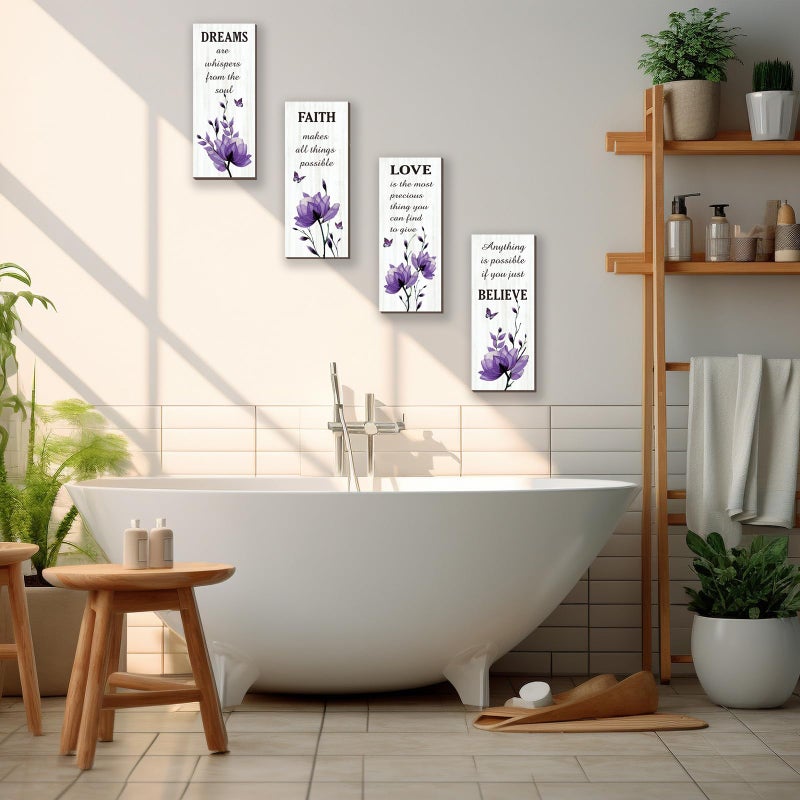 DONFENTHY 4 Pcs Purple Bathroom Decor Purple Wall Decor With Dreams Faith Love Believe Positive Quotes Wooden Rustic Bathroom Accessories for Home Bedroom Living Room Kitchen(10X4) - Image 3