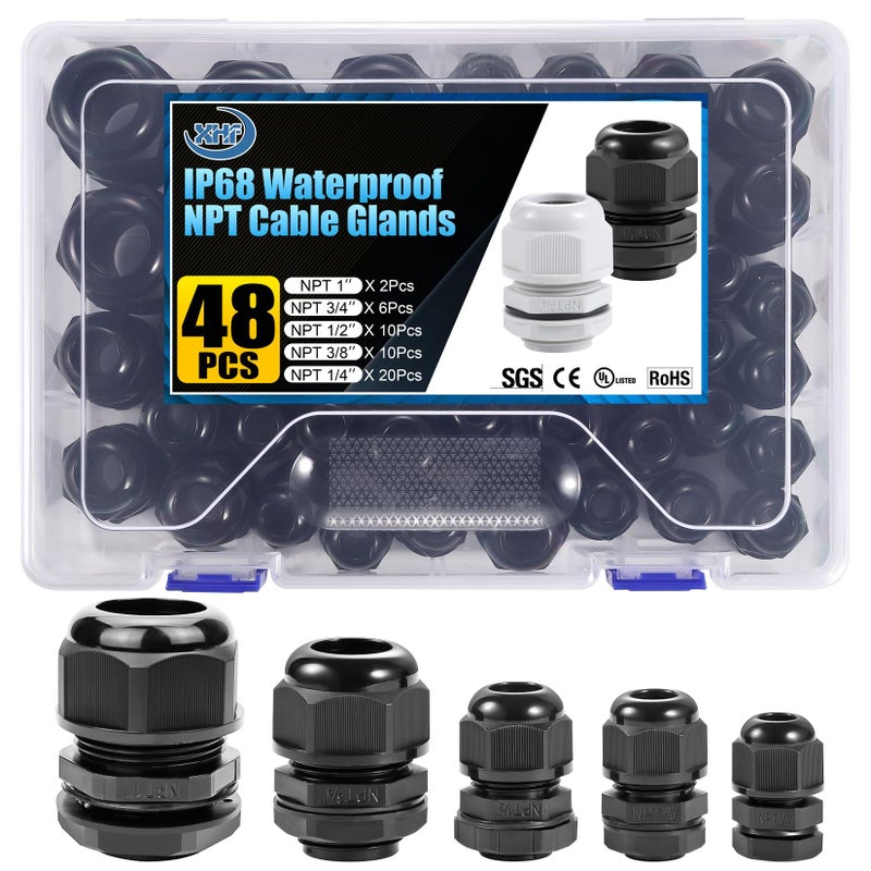 XHF IP68 Nylon Waterproof NPT Cable Glands Assortment 48pcs 1/4", 3/8'', 1/2'', 3/4'', 1'' UL Listed and RoHS Cord Grip Compliant Cable Strain Relief Black - Image 1