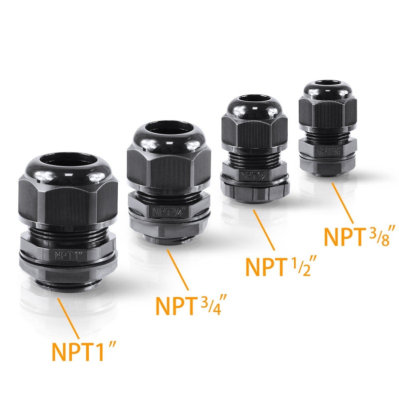 XHF IP68 Nylon Waterproof NPT Cable Glands Assortment 48pcs 1/4", 3/8'', 1/2'', 3/4'', 1'' UL Listed and RoHS Cord Grip Compliant Cable Strain Relief Black - Image 2