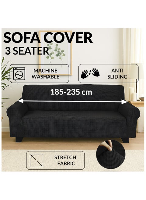 Stretch Fit 3-Seater Sofa Cover Soft Brushed Fabric Couch Cover Exquisitely Full Coverage Furniture Protector Slipcover Three Seater Fits on Standard and Recliner Sofa 185-235cm Size Black
