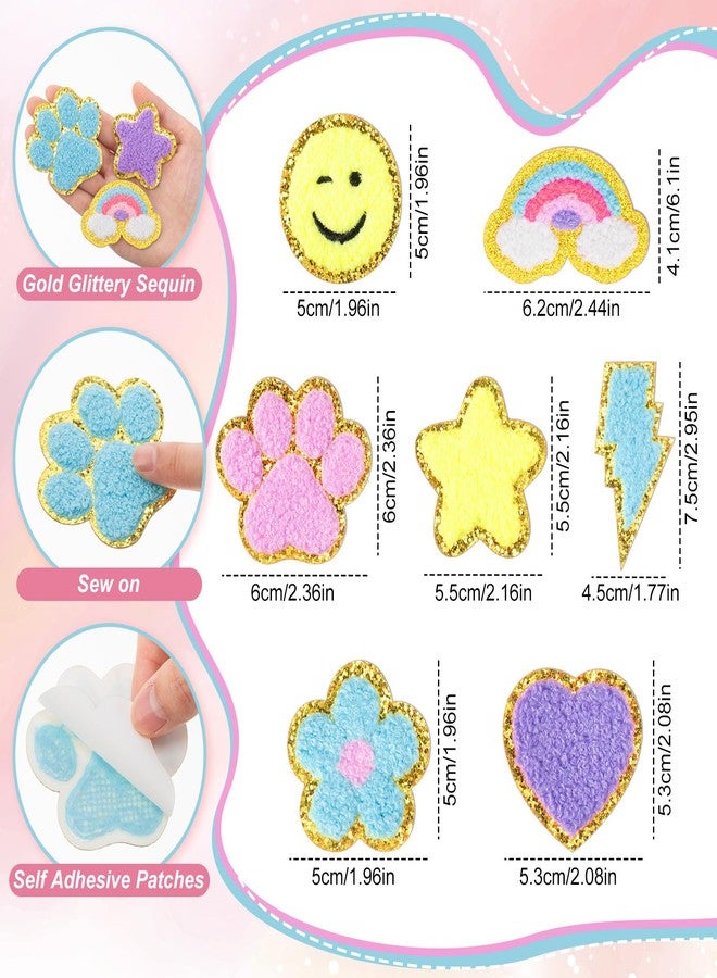 Yilloog 50 Pcs Self Adhesive Chenille Patches Paw Print Smile Face Heart Patch Preppy Sticker Chenille Rainbow Sew on Sticker for Jackets Jeans (Cute Style,Pastel Color) - Image 2