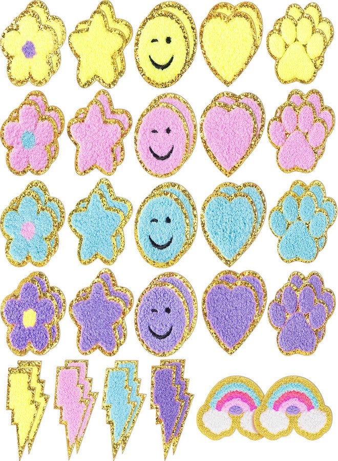 Yilloog 50 Pcs Self Adhesive Chenille Patches Paw Print Smile Face Heart Patch Preppy Sticker Chenille Rainbow Sew on Sticker for Jackets Jeans (Cute Style,Pastel Color) - Image 1