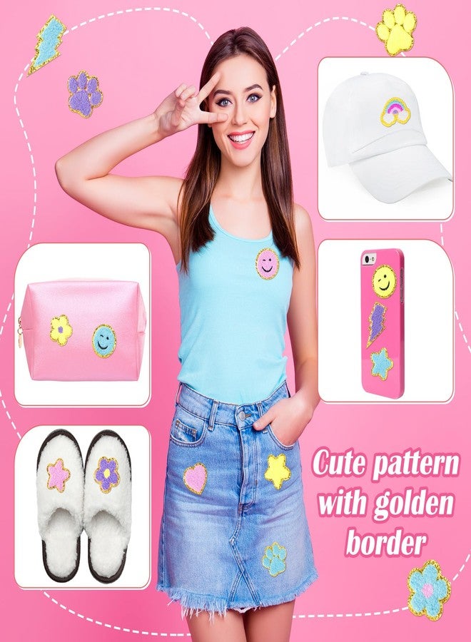 Yilloog 50 Pcs Self Adhesive Chenille Patches Paw Print Smile Face Heart Patch Preppy Sticker Chenille Rainbow Sew on Sticker for Jackets Jeans (Cute Style,Pastel Color) - Image 3
