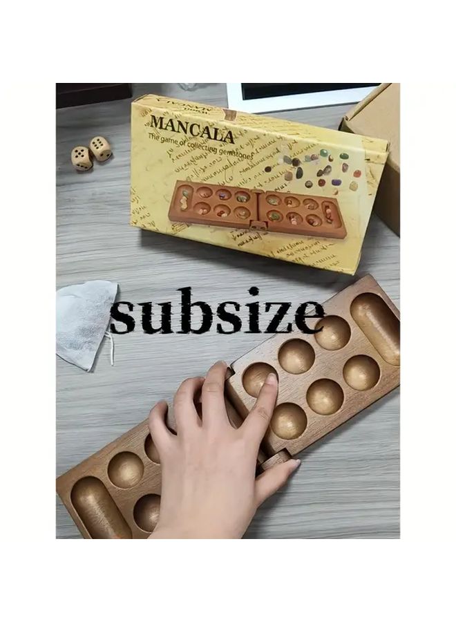 Mancala Board Game Deep Brown Wooden Strategy Set With Colorful Stones For Family - Image 4