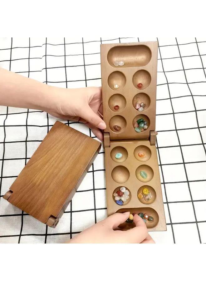 Mancala Board Game Deep Brown Wooden Strategy Set With Colorful Stones For Family - Image 2