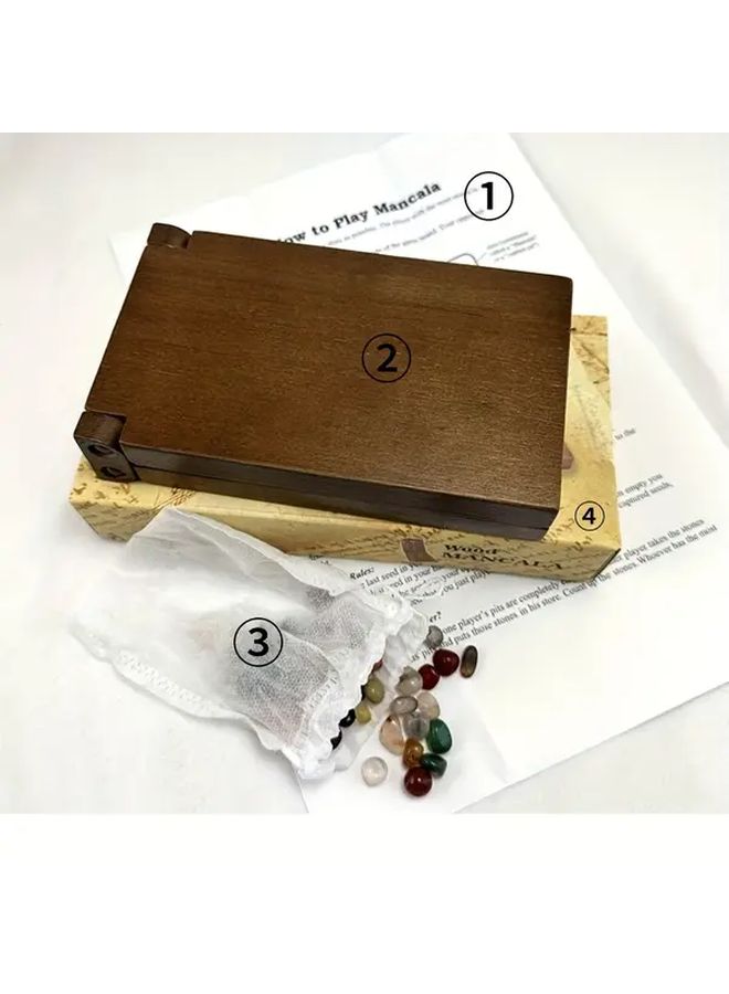 Mancala Board Game Deep Brown Wooden Strategy Set With Colorful Stones For Family - Image 3